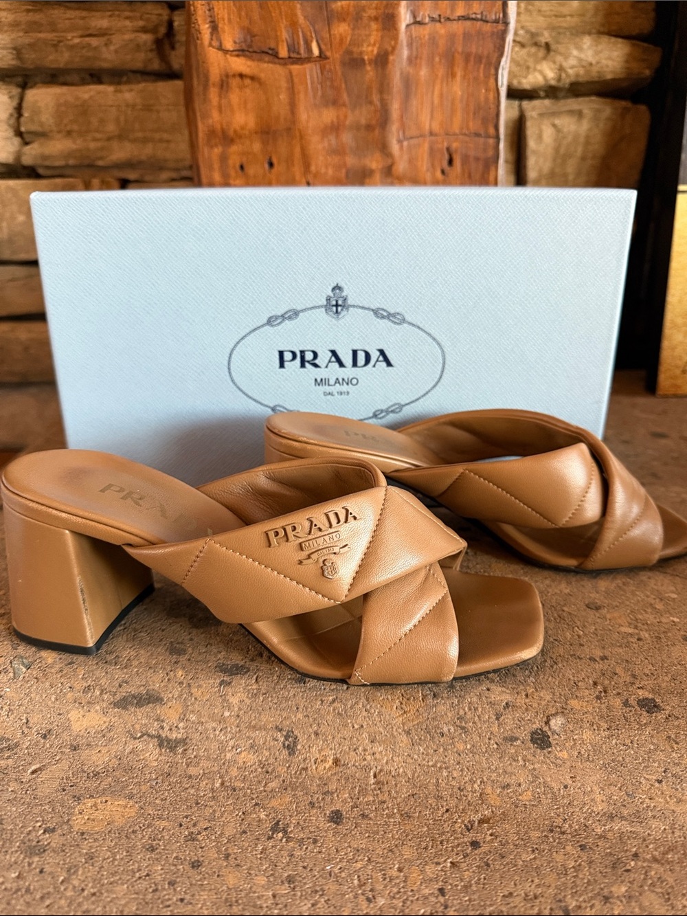 Auth. Prada Quilted Leather Crisscross Block Heel Mules